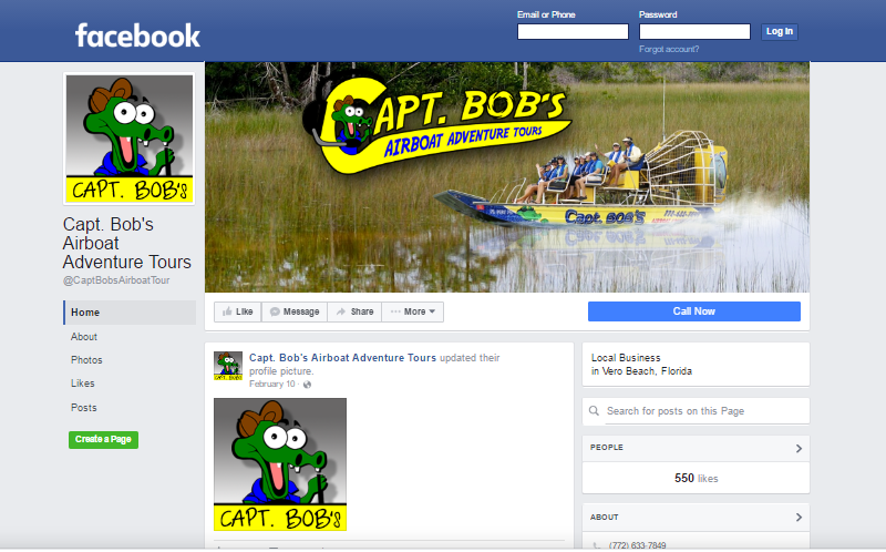 Captain Bob's Airboat Adventure Tour Facebook Page. This link opens new window.